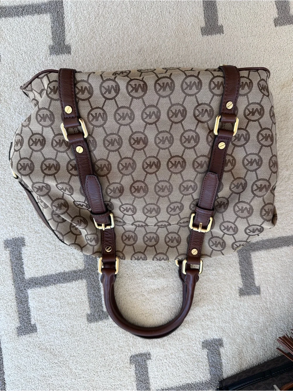 Michael Kors Beige and Brown MK Logo Satchel with Gold Hardware